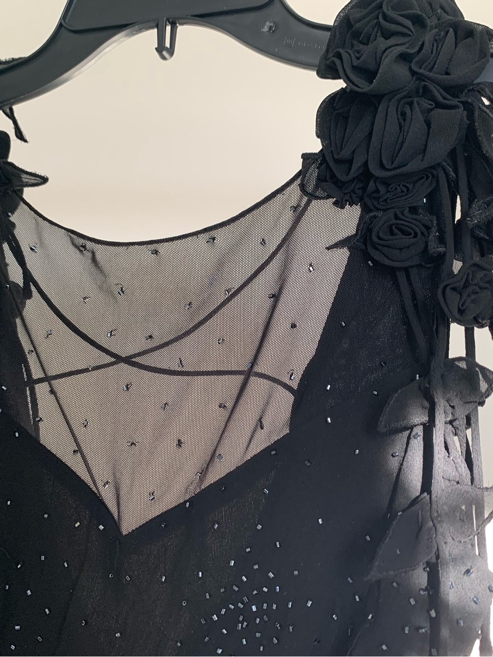 Sue Wong Black Beaded Maxi Dress with Floral Shoulder Appliqués - Picture 2 of 12